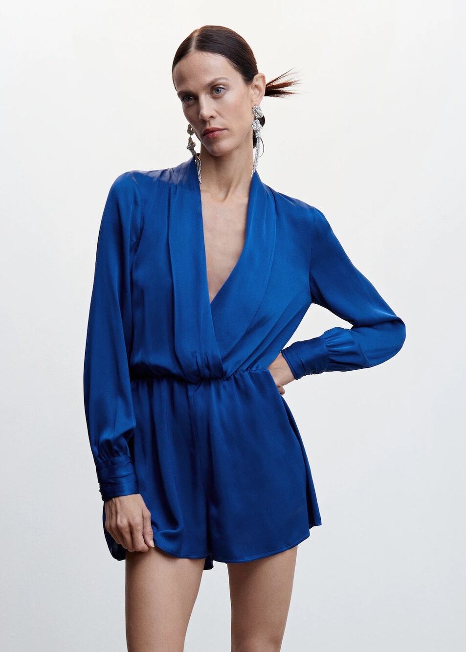 NEW MNG Blue Silky Satin V-neck Faux Wrap Long Sleeve Romper Jumpsuit Size XS